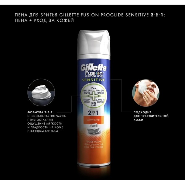 Пена для бритья Gillette Fusion ProGlide Sensitive Active sport, 200 мл