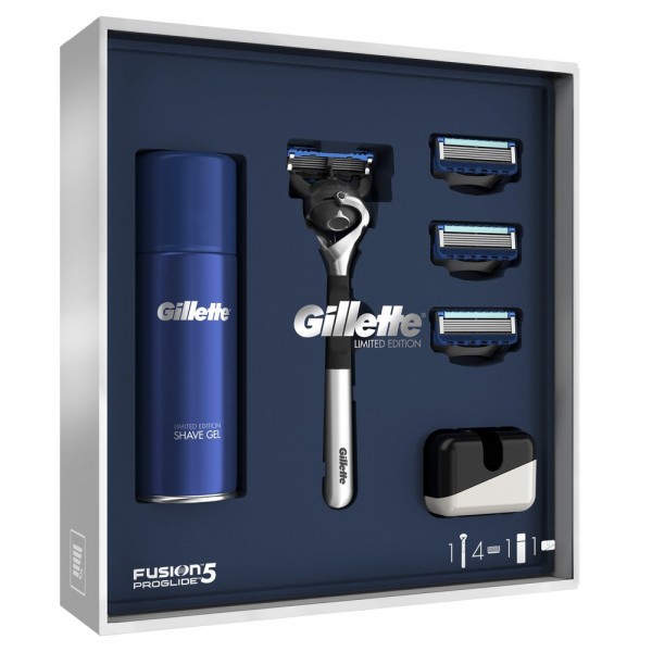 Подарочный набор Gillette Fusion5 ProGlide ограниченная серия с хромированной ручкой (бритва+4кас+гель+подставка)