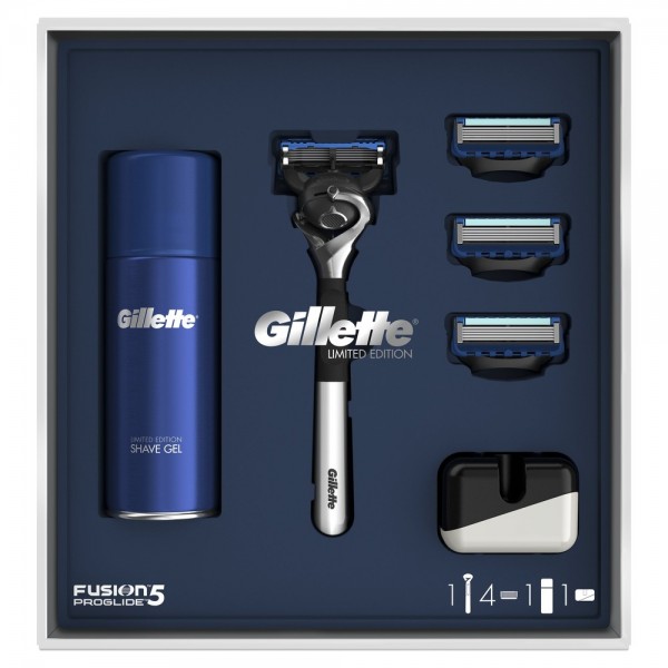 Подарочный набор Gillette Fusion5 ProGlide ограниченная серия с хромированной ручкой (бритва+4кас+гель+подставка)