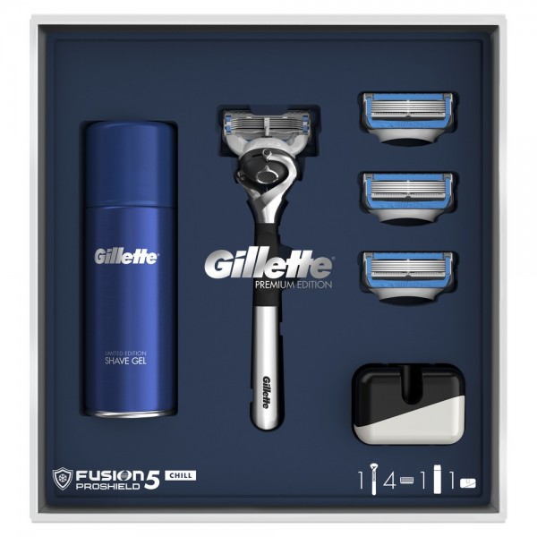 Подарочный набор Gillette Fusion5 ProShield Chill Premium Edition (бритва+3кас+гель+подставка)