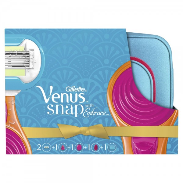 Подарочный набор с женской бритвой Gillette Venus Snap Embrace + 2 сменные кассеты + косметичка + расческа