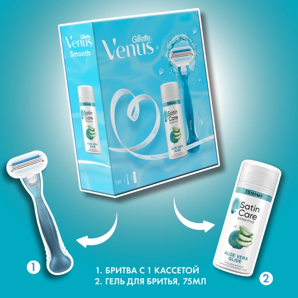 Подарочный набор Gillette Venus Бритва с 1 сменной кассетой + Гель для бритья женский Satin Care для чувствительной кожи, 75мл