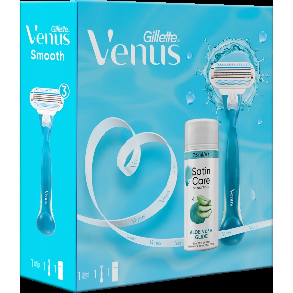 Подарочный набор Gillette Venus Бритва с 1 сменной кассетой + Гель для бритья женский Satin Care для чувствительной кожи, 75мл