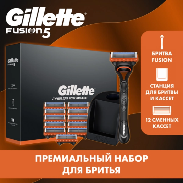 Мужской набор Gillette с бритвой Gillette Fusion, 11 кассетами и со станцией для бритвы и кассет