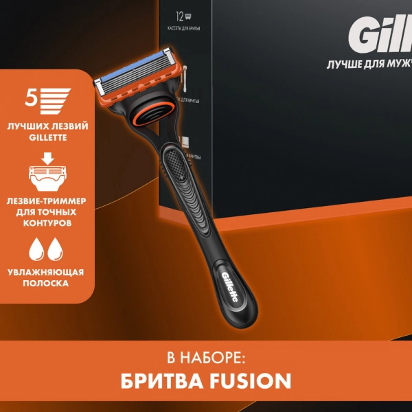Мужской набор Gillette с бритвой Gillette Fusion, 11 кассетами и со станцией для бритвы и кассет