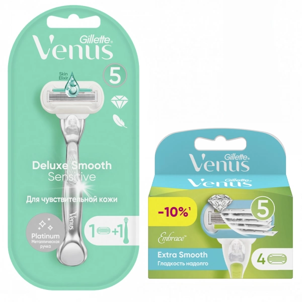 Набор Gillette Venus Extra Smooth Platinum + 4 кассеты Embrace, с металлической ручкой