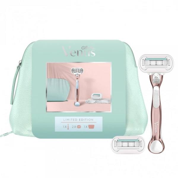 Подарочный набор Gillette Venus в косметичке:  Бритва Venus Extra Smooth Sensitive RoseGold + 2 сменные кассеты