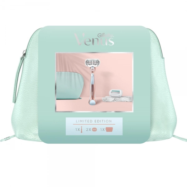 Подарочный набор Gillette Venus в косметичке:  Бритва Venus Extra Smooth Sensitive RoseGold + 2 сменные кассеты