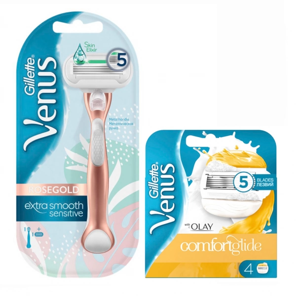 Набор Gillette Venus: Extra Smooth Sensitive RoseGold + 4 кассеты Venus with OLAY, с металлической ручкой